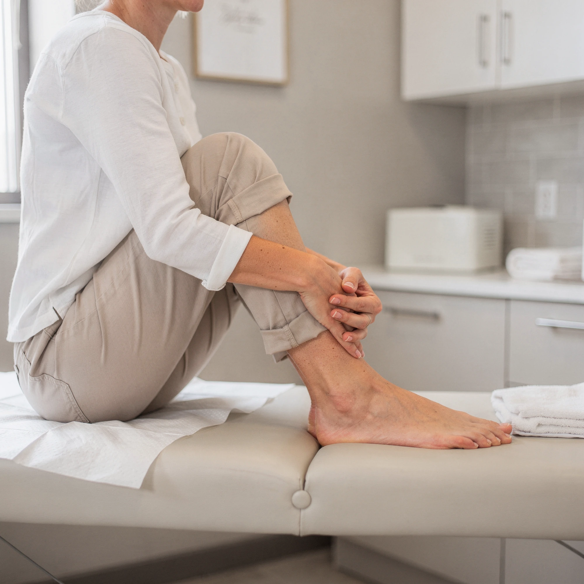 Man sitting on exam table examining his foot and ankle in a clinical setting